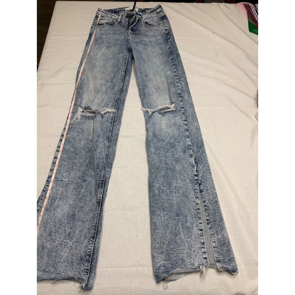 Risen Jeans Acid Wash Distressed Wide Leg Side Slit Denim Size 3/26 RDP5133